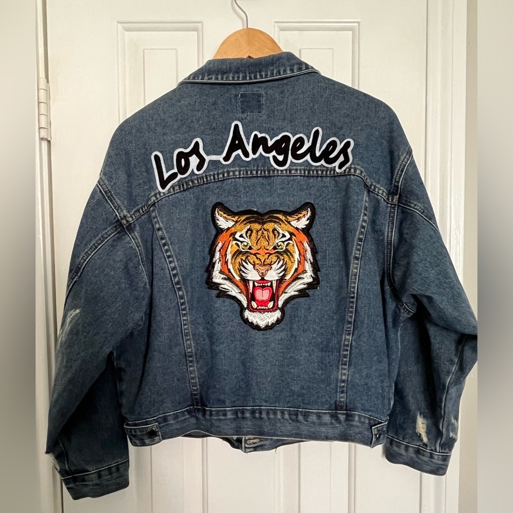 Womens Medium Denim Jacket with Embellished Tiger patch